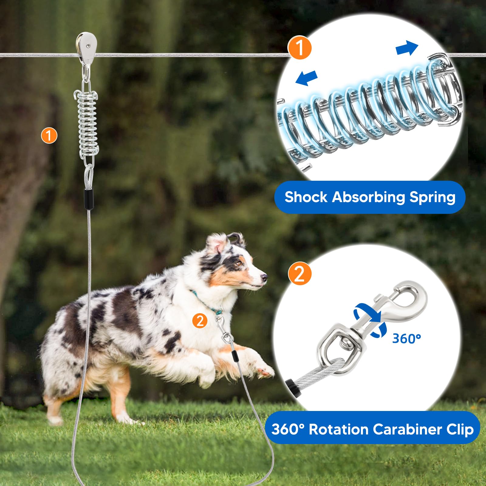 Luffwell Dog Runner - 50Ft Lead With 15Ft Pulley, Heavy Duty For Dogs Up To 250Lbs, Silver